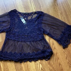 Sheer Crochet Lace Blouse in Navy - Women's Top